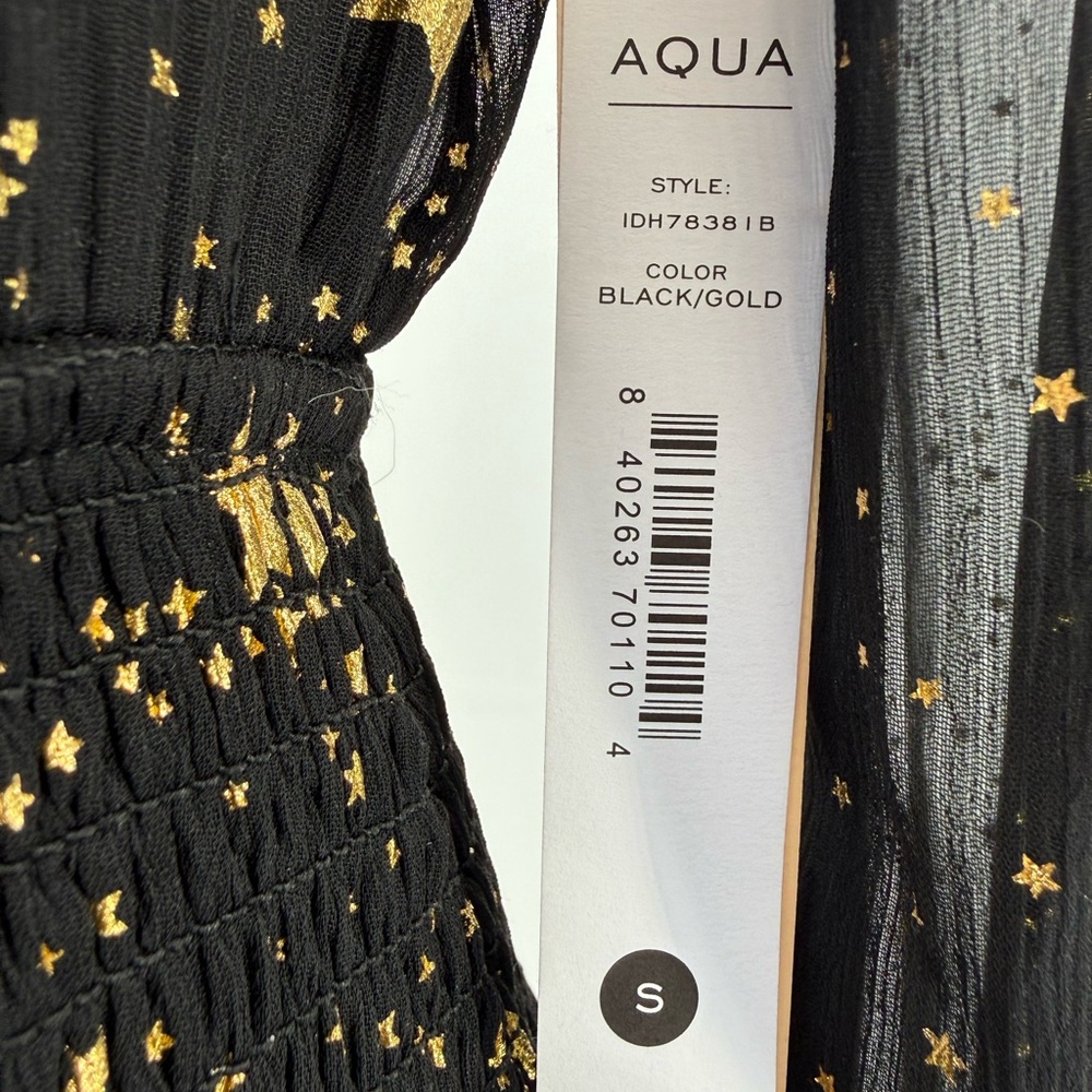 AQUA Star Print Smocked Black & Gold Star Print Smocked Mini Dress Long Sleeve - Picture 13 of 17